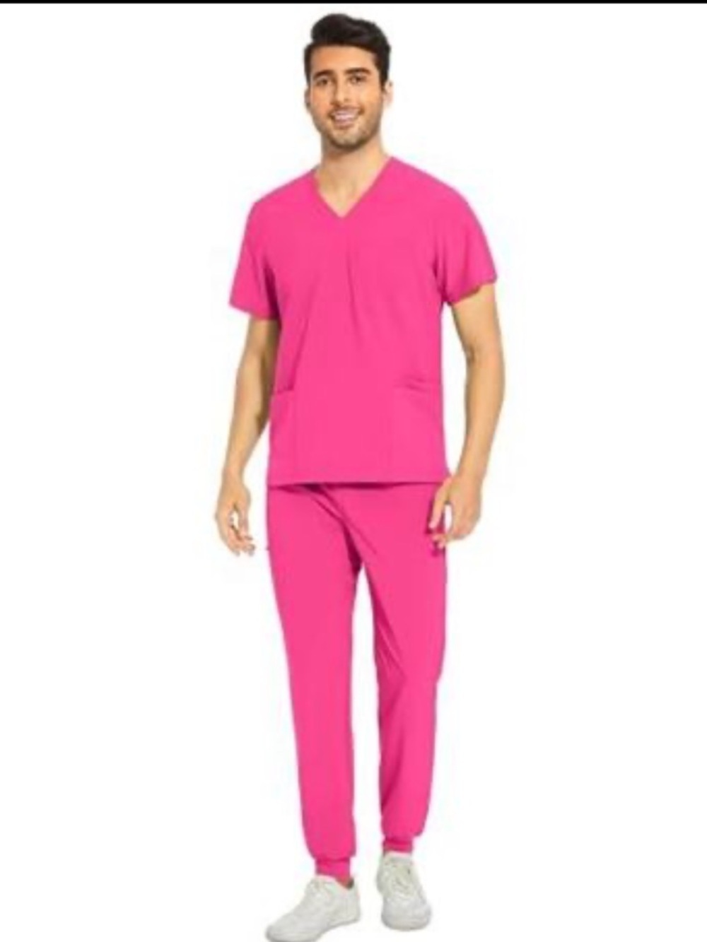 COZYFIT V-Neck Scrub Top &Jogger Pant W/8 Pockets, Anti Wrinkle, M-Tall Hot Pink